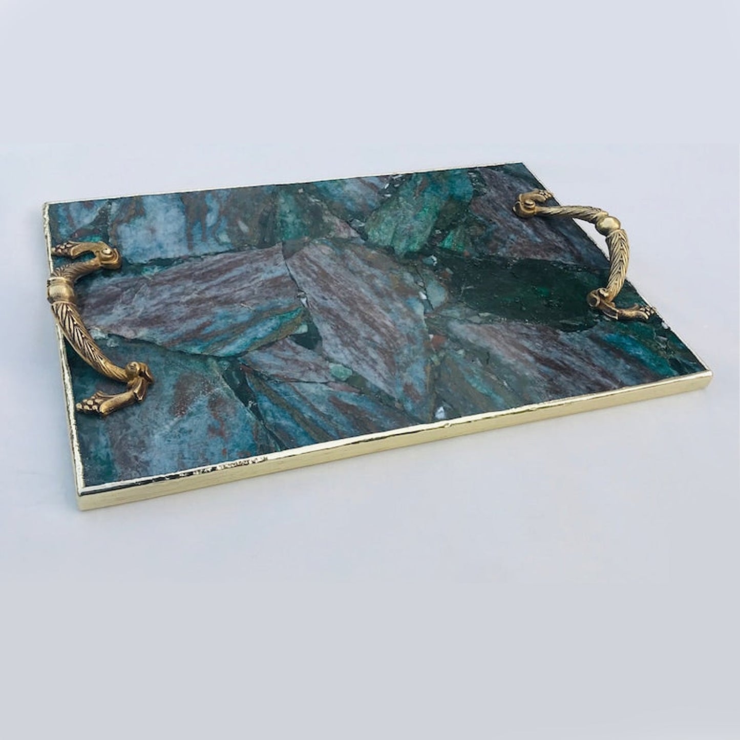 Green Aventurine Agate Serving Tray With Brass Handles-4