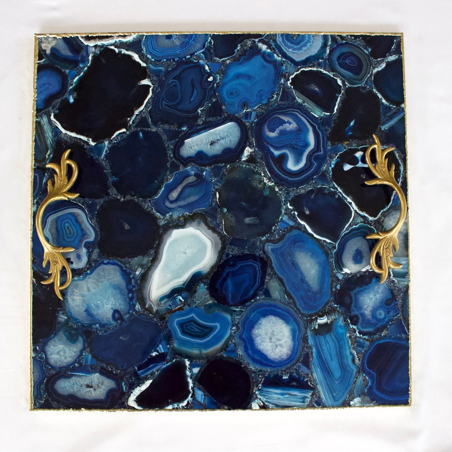 Blue Agate Square Serving Tray With Brass Handles | Square-0