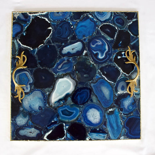 Blue Agate Square Serving Tray With Brass Handles | Square-0