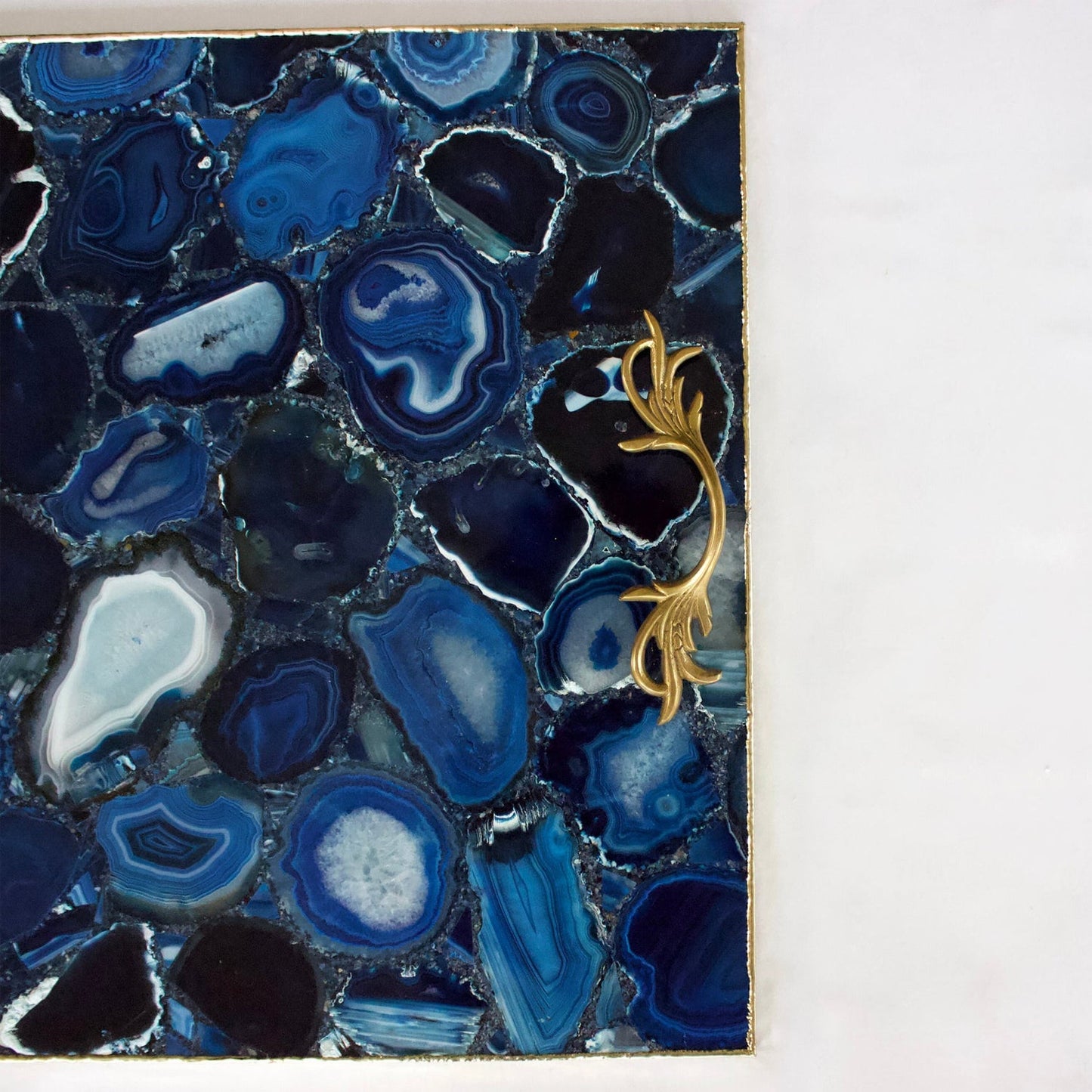 Blue Agate Square Serving Tray With Brass Handles | Square-1