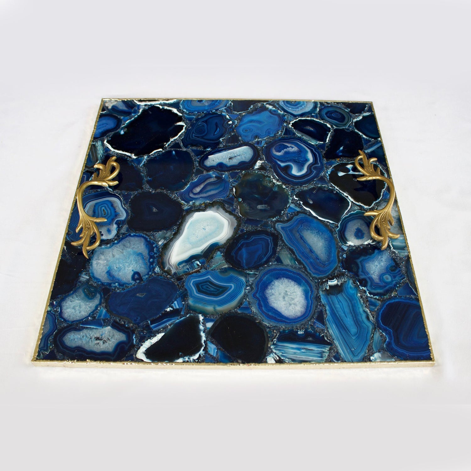Blue Agate Square Serving Tray With Brass Handles | Square-2